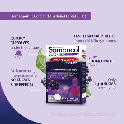 Sambucol elderberry 30 count homeopathic tablet box for nasal congestion and sore throat relief.