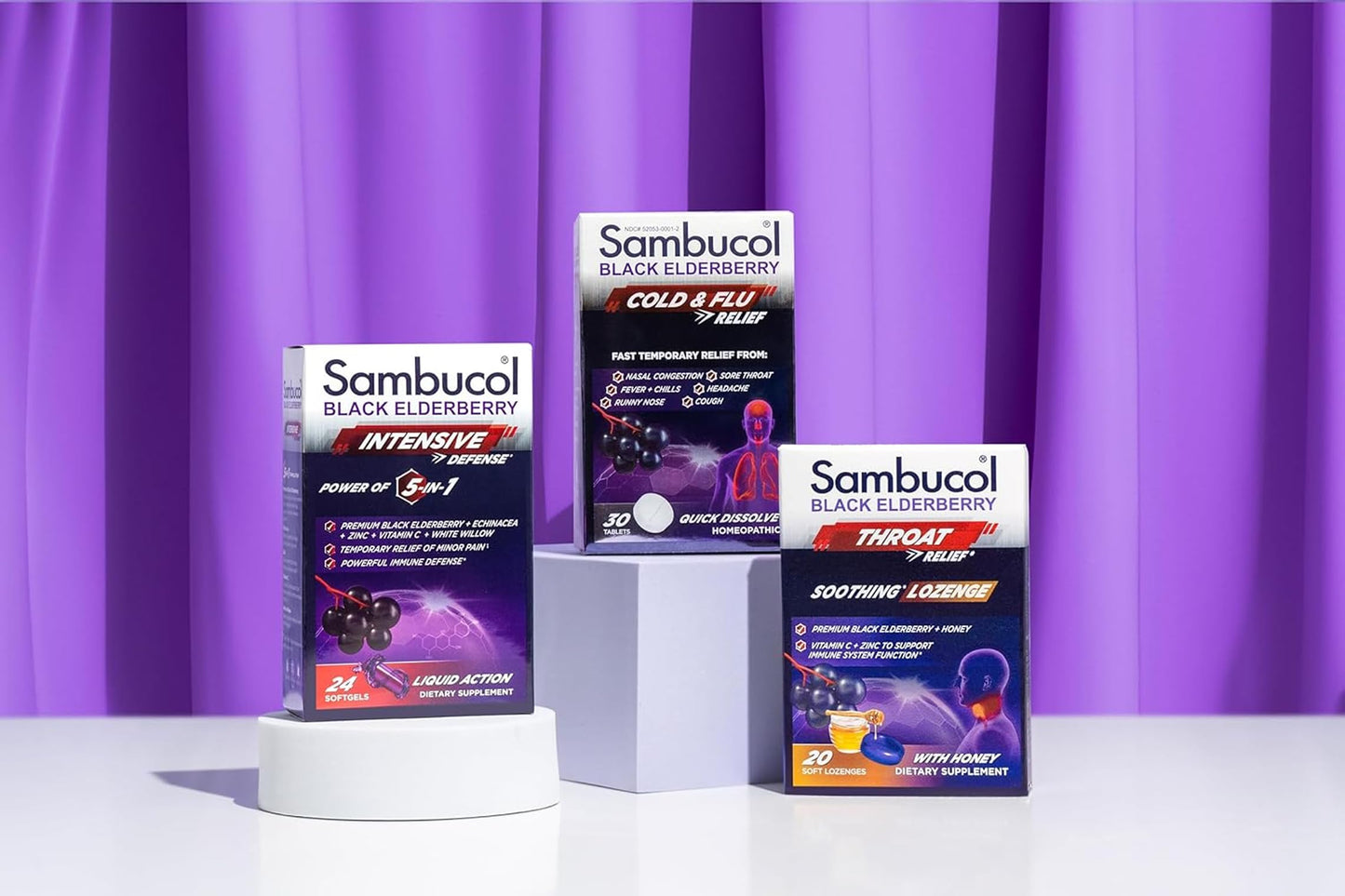 Sambucol cold and flu tablets top view displaying expiration date and manufacturing batch codes.