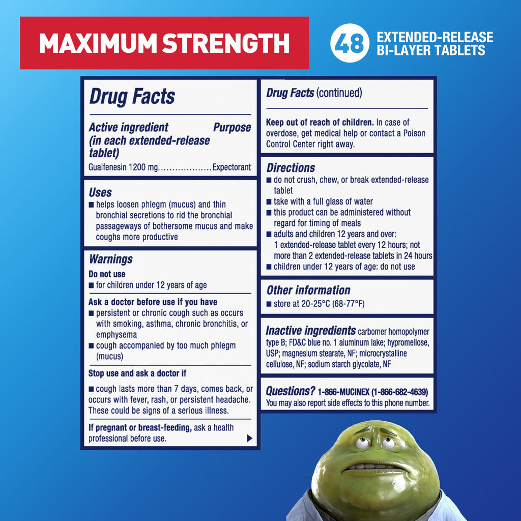 Mucinex 1200 mg extended release tablets side view detailing adult dosage instructions