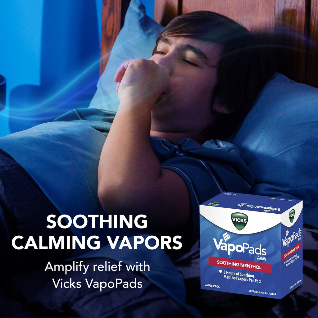 Side view of Vicks non medicated scent pads packaging detailing eight hour comfort feature