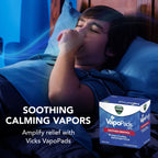 Side view of Vicks non medicated scent pads packaging detailing eight hour comfort feature