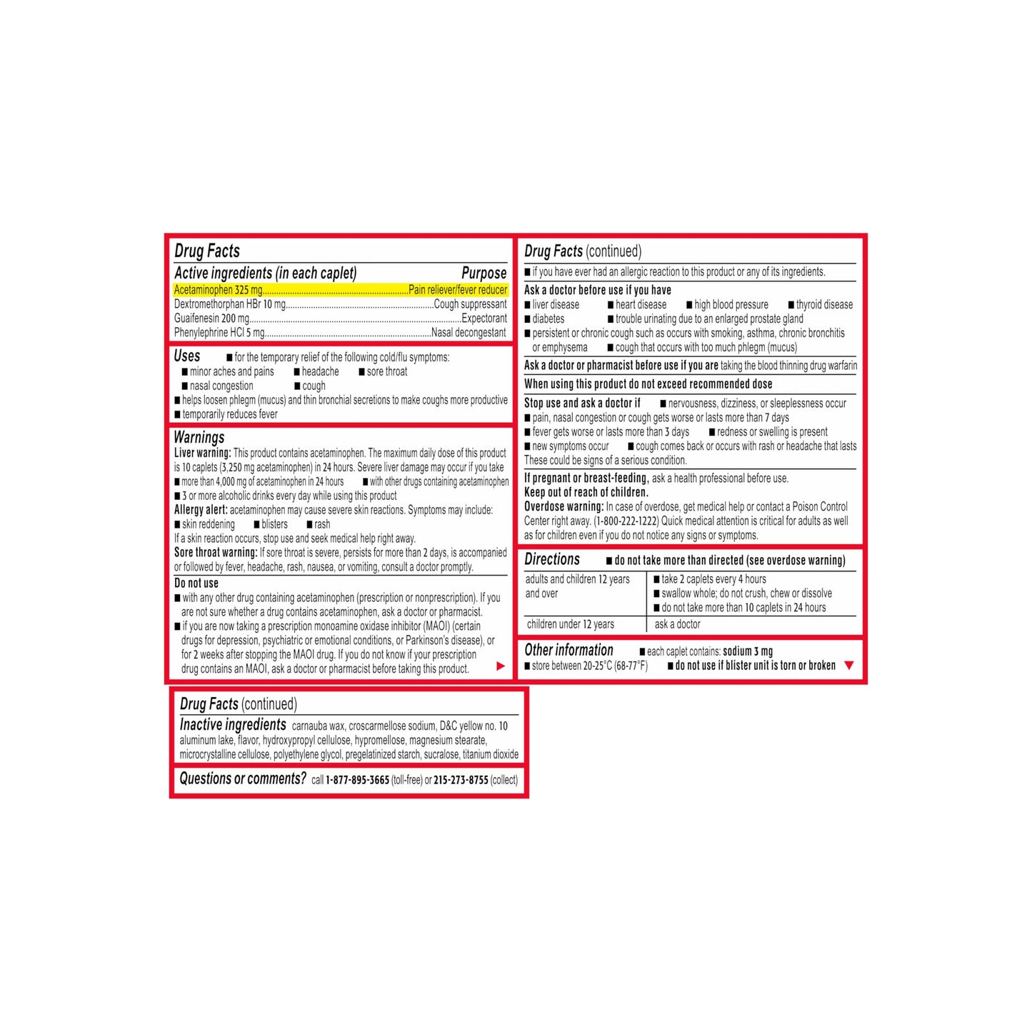 Tylenol cold plus flu severe 24 count box top warning label details