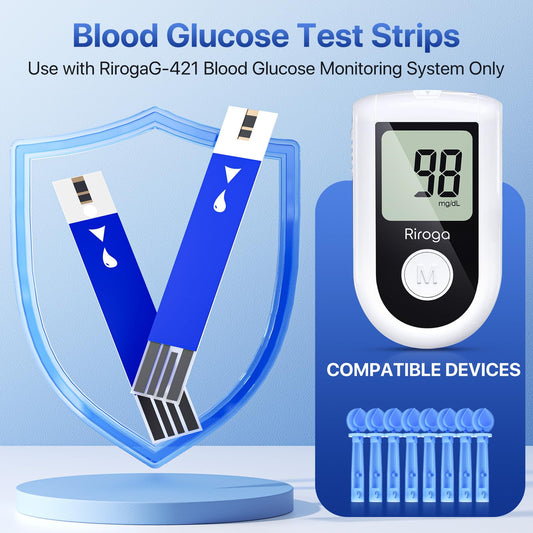 Riroga diabetes testing supplies package with sterile blood lancets layout