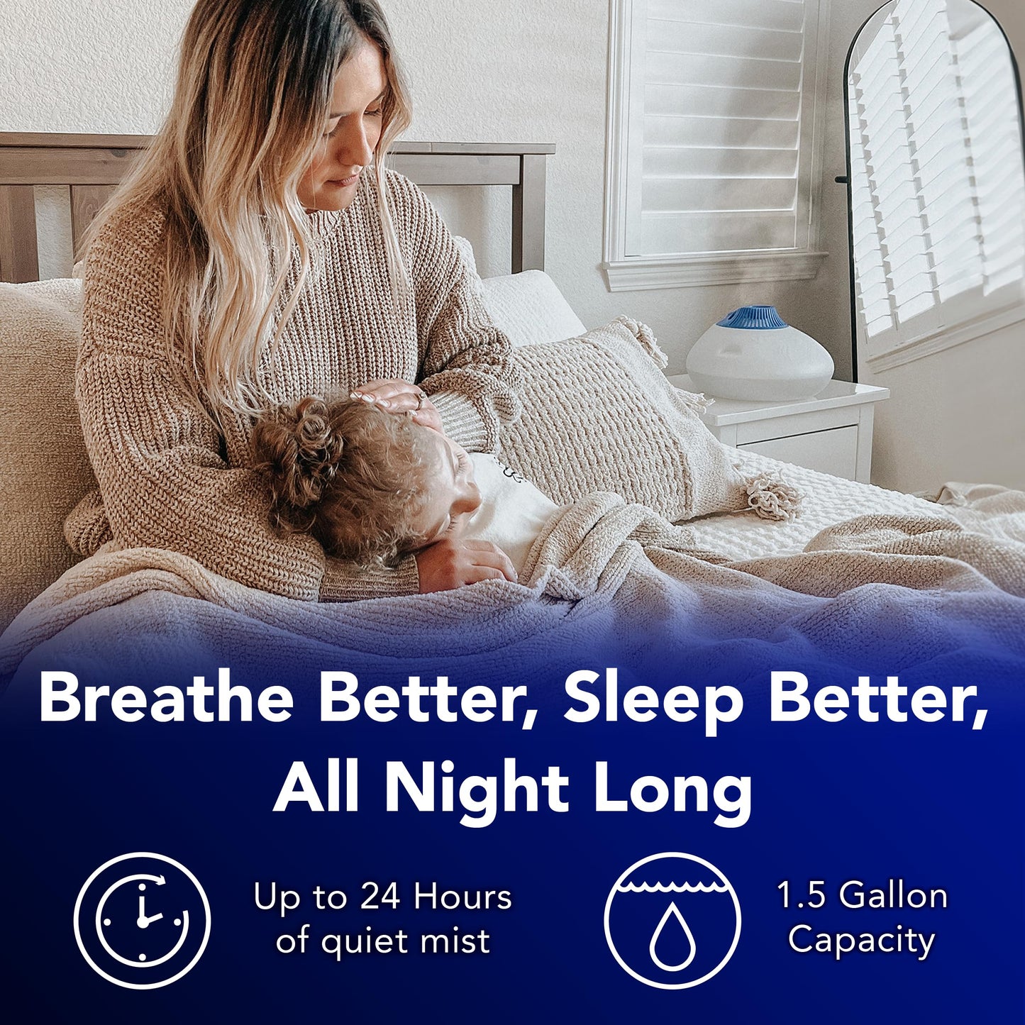 Vicks warm mist humidifier highlighting the integrated medicine cup and top steam guard design