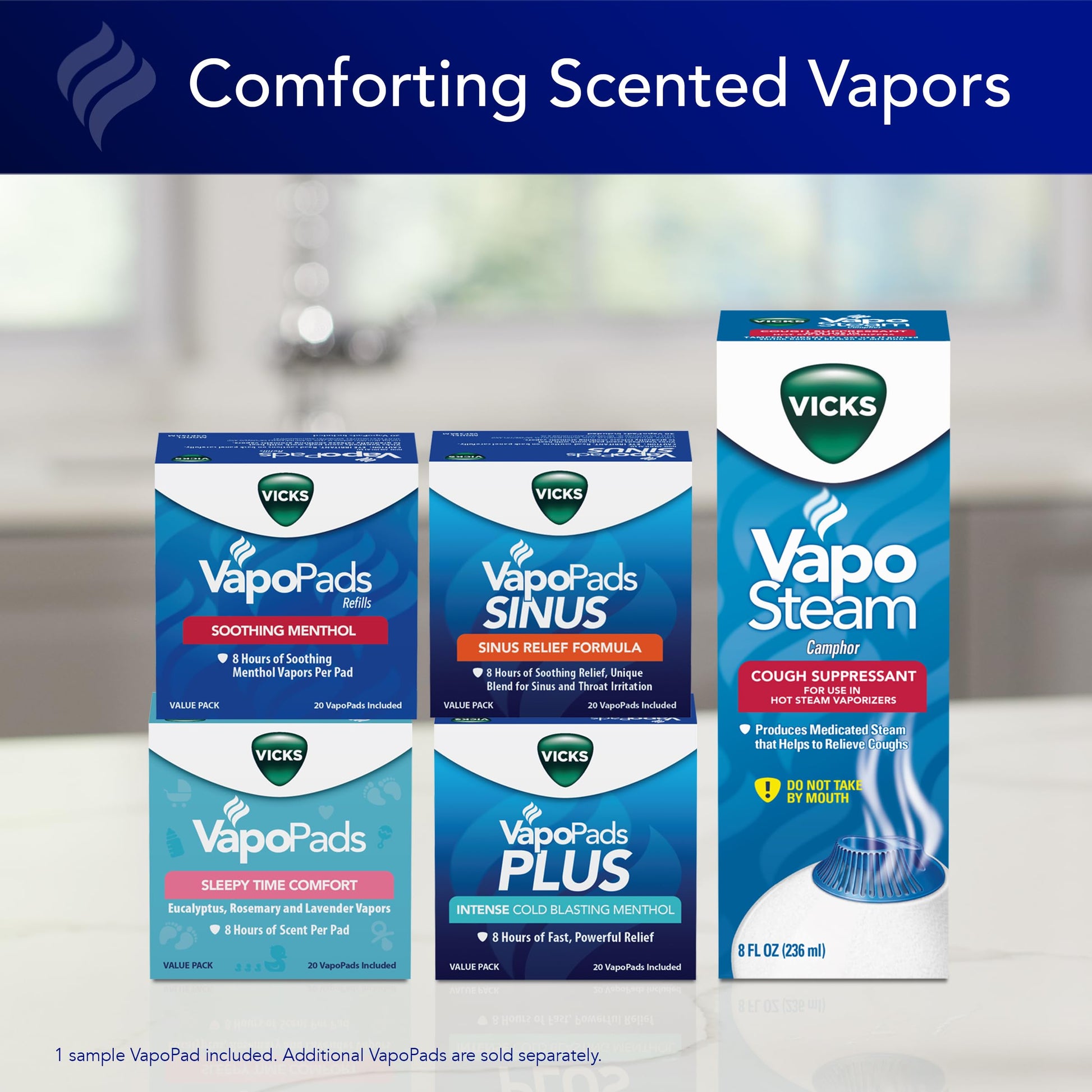 Authentic Vicks warm steam vaporizer packaging displaying the small and medium room capability