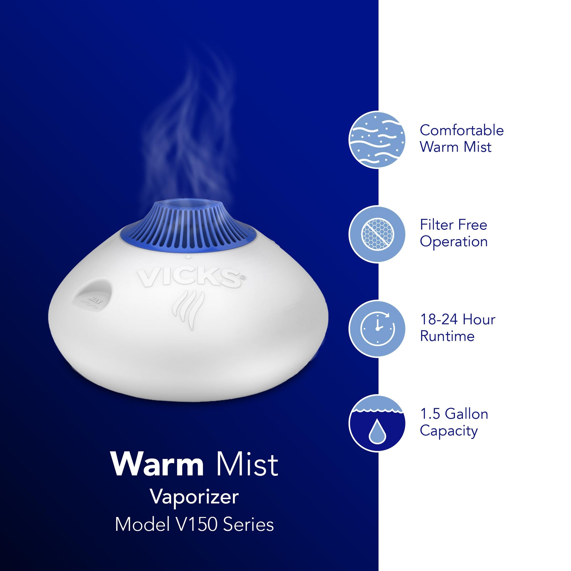 Side profile of the 1.5 gallon Vicks humidifier illustrating the compact design for nightstands