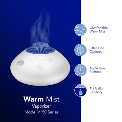 Side profile of the 1.5 gallon Vicks humidifier illustrating the compact design for nightstands