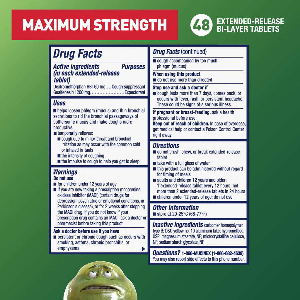 Mucinex DM forty eight count cough suppressant tablets back of pack