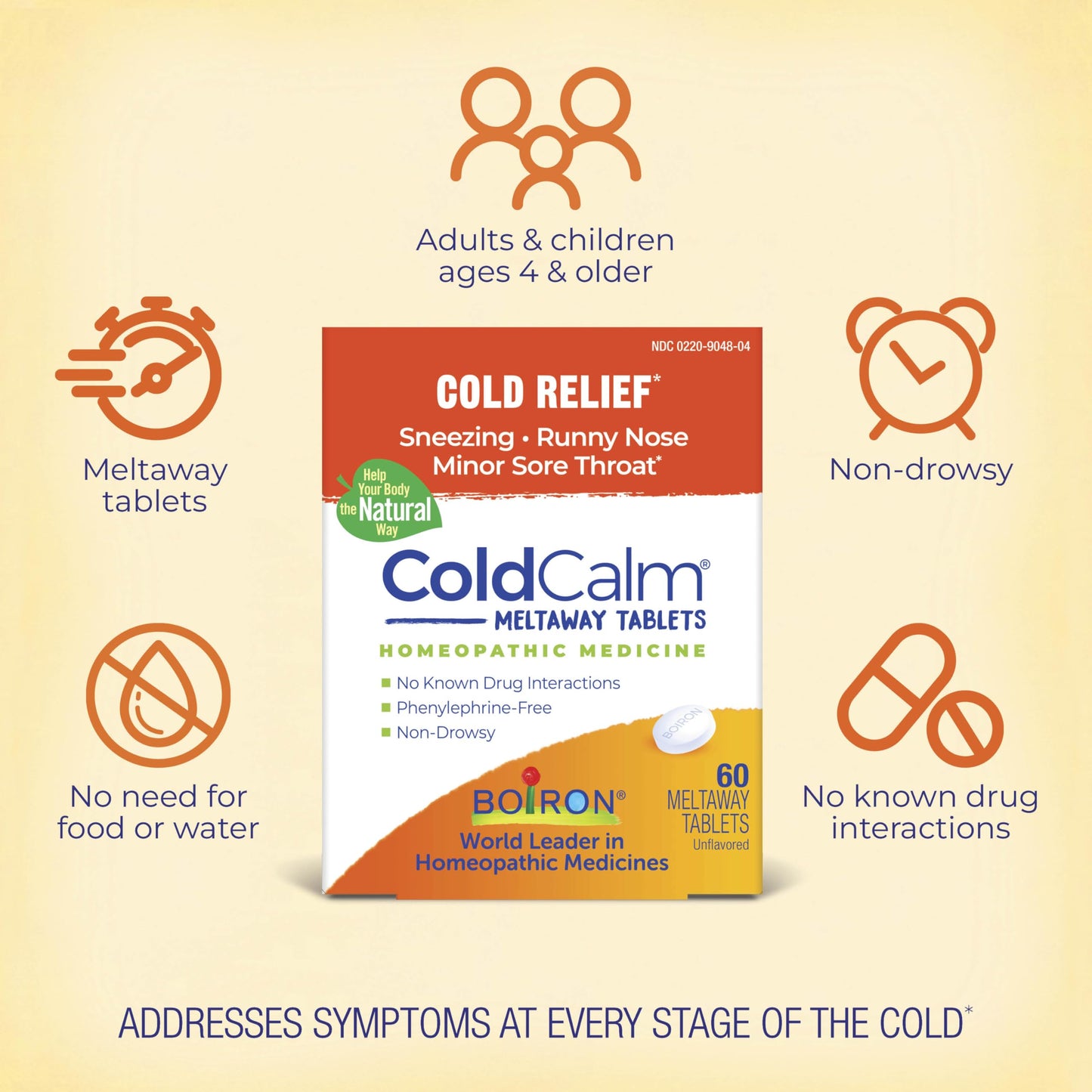 Boiron ColdCalm meltaway tablets side panel with drug facts and active ingredients.