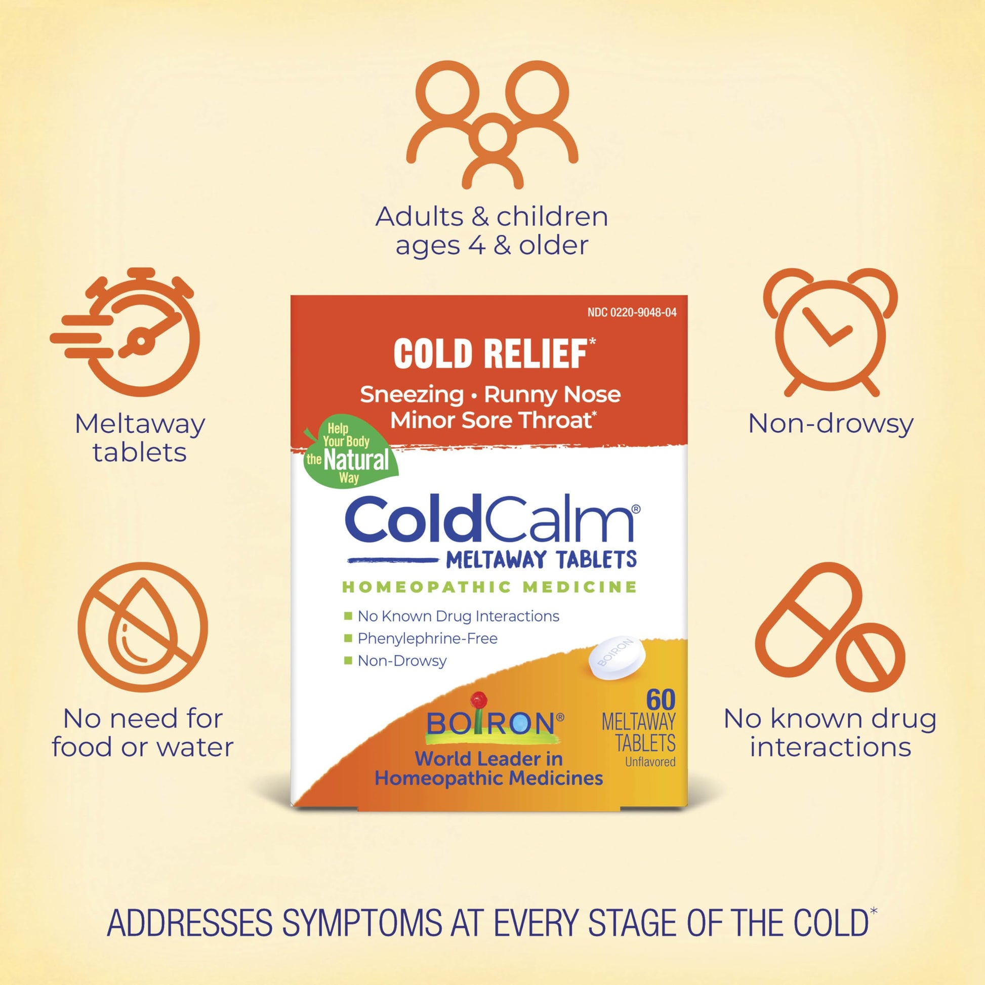 Boiron ColdCalm meltaway tablets side panel with drug facts and active ingredients.