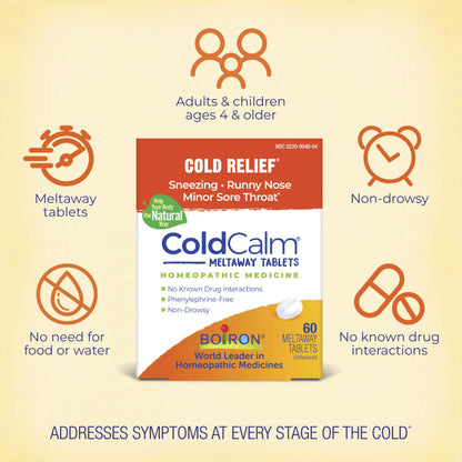 Boiron ColdCalm meltaway tablets side panel with drug facts and active ingredients.