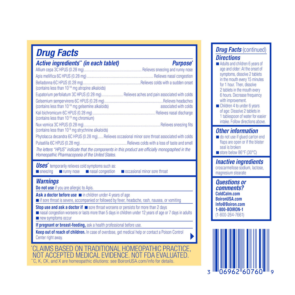 Boiron ColdCalm common cold relief packaging highlighting sixty non drowsy tablets.