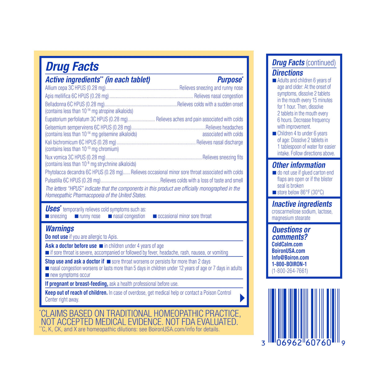 Boiron ColdCalm common cold relief packaging highlighting sixty non drowsy tablets.