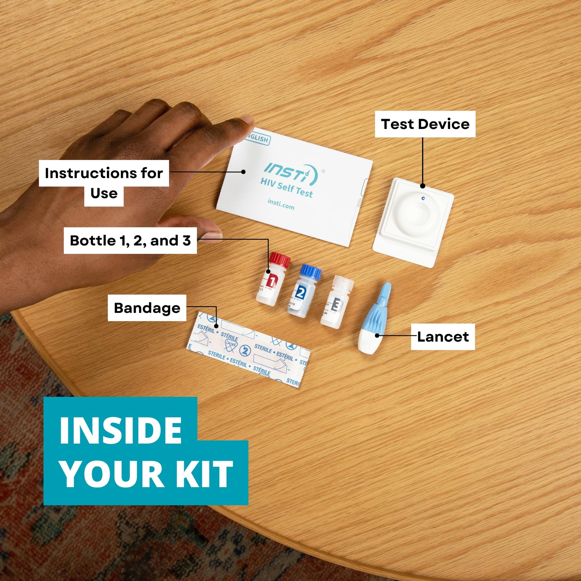 INSTI HIV screening membrane unit and solution bottles included in the package
