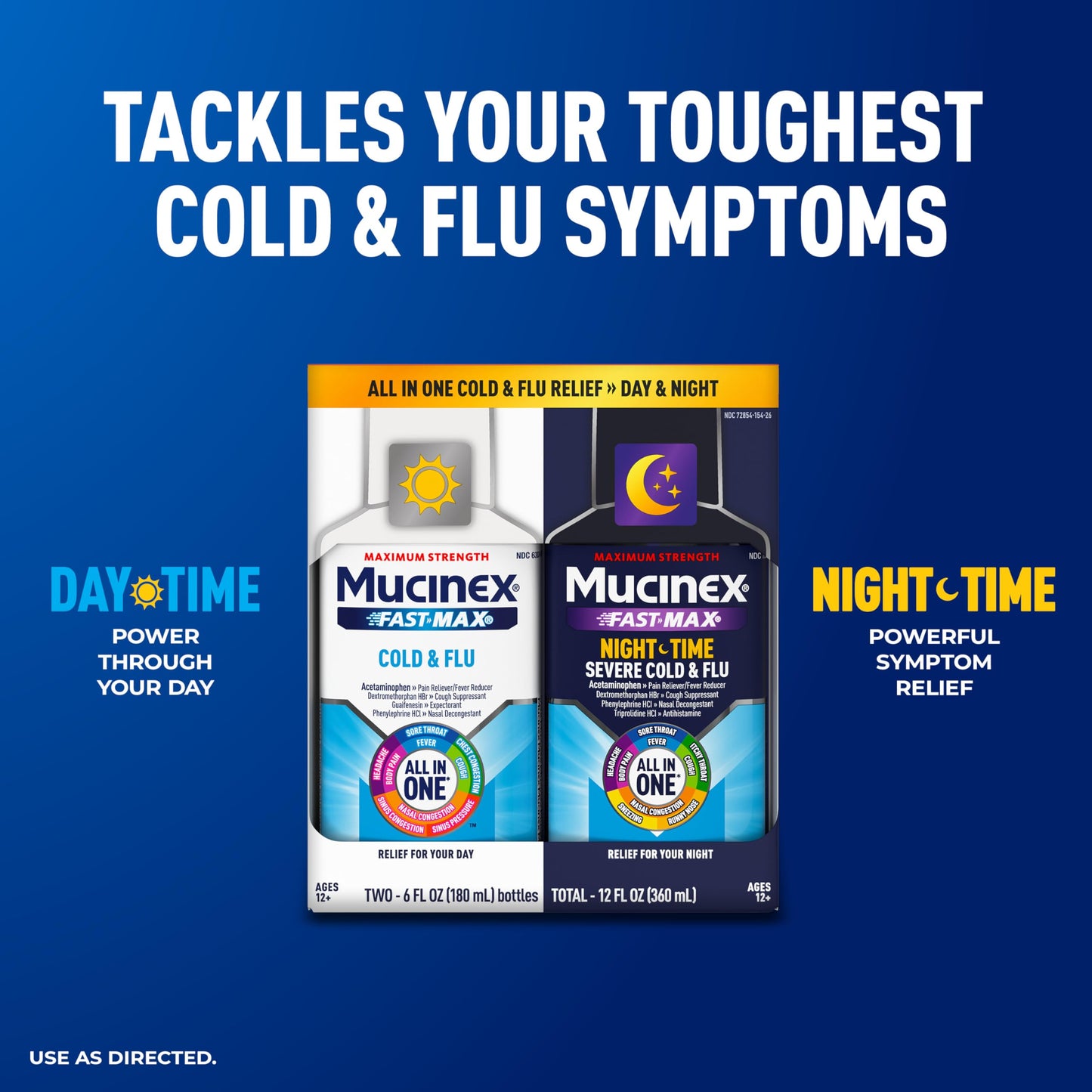 Mucinex Fast-Max Severe Cold and Flu daytime bottle showing active ingredients