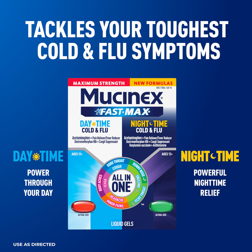 Mucinex 24 count adult cold and flu fast dissolving capsules showing separate day and night blister packs.