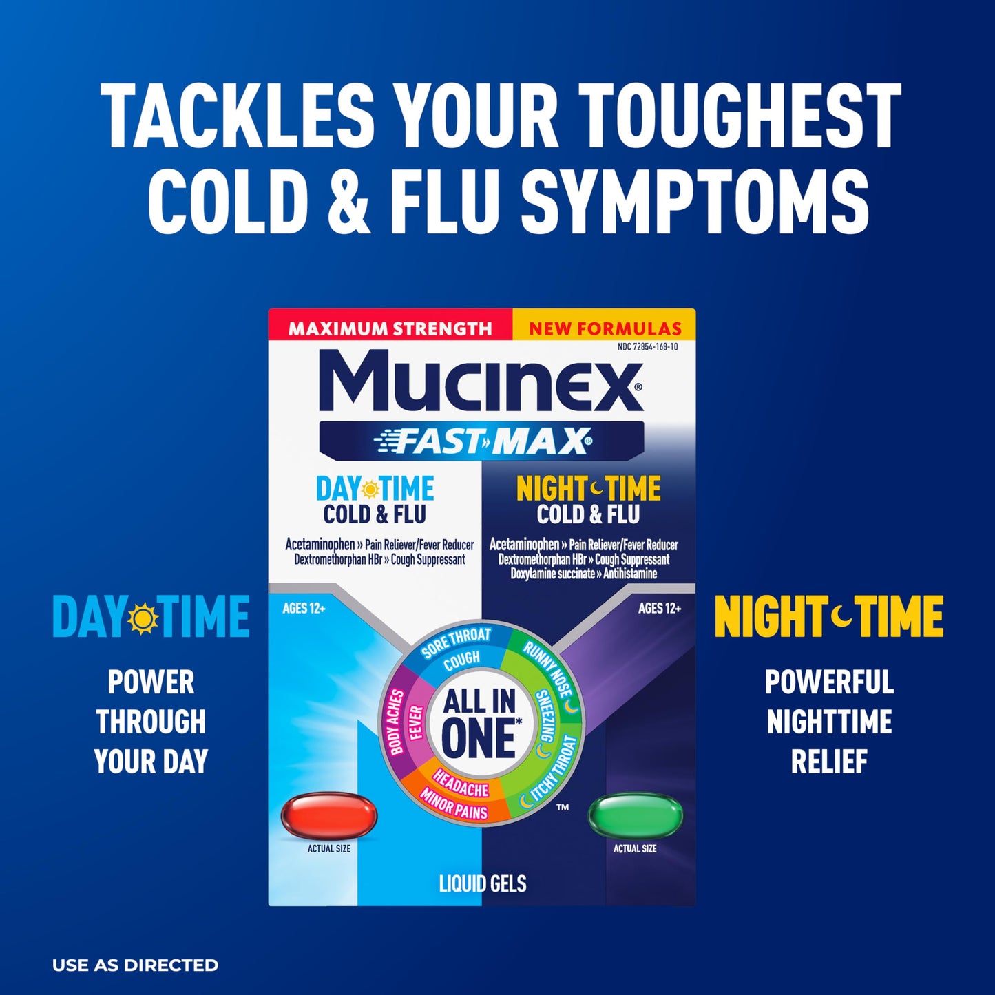 Mucinex 24 count adult cold and flu fast dissolving capsules showing separate day and night blister packs.