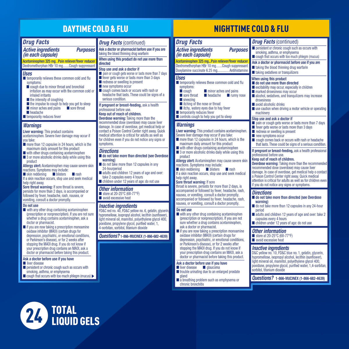 Mucinex adult multi symptom cough suppressant and fever reducer liquid gels packaging details.