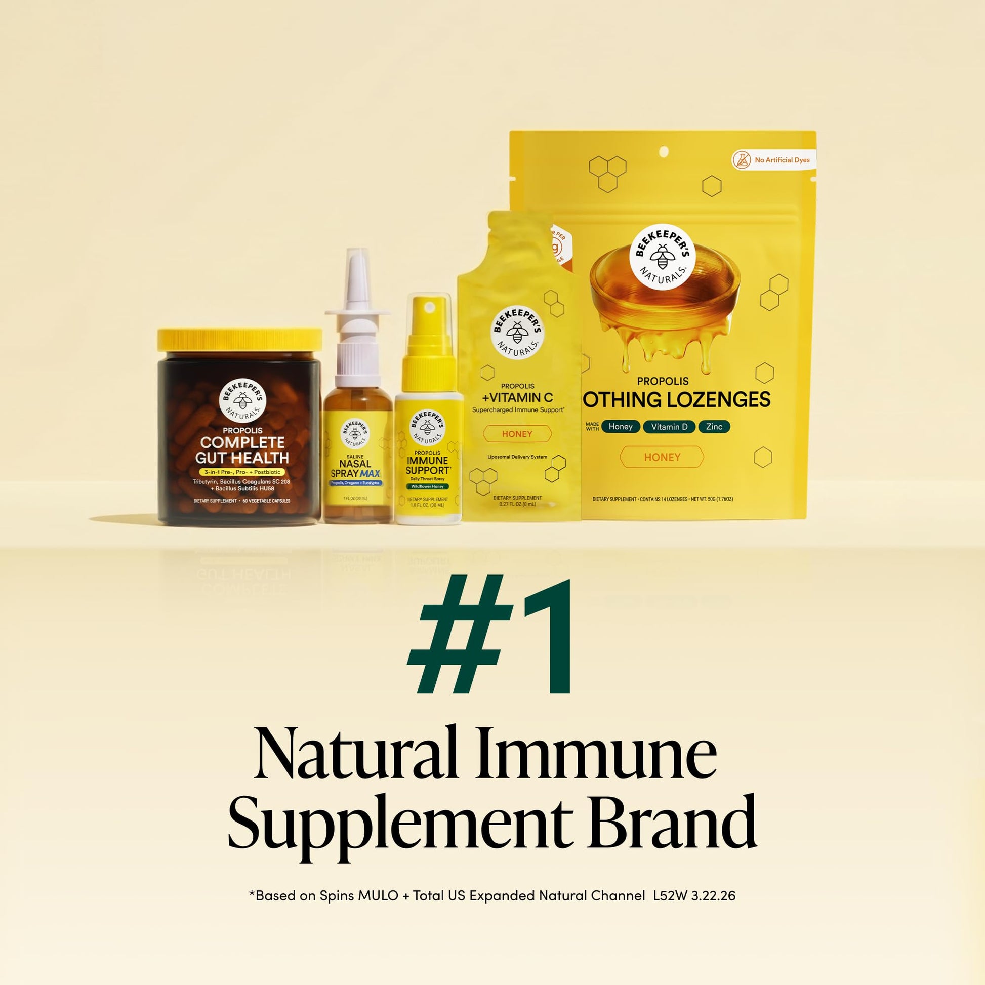 Beekeeper's Naturals immune defense dietary supplement packaging displayed clearly.
