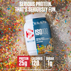 Side angle of Dymatize hydrolyzed whey protein isolate showing the premium packaging and clear serving size labels.