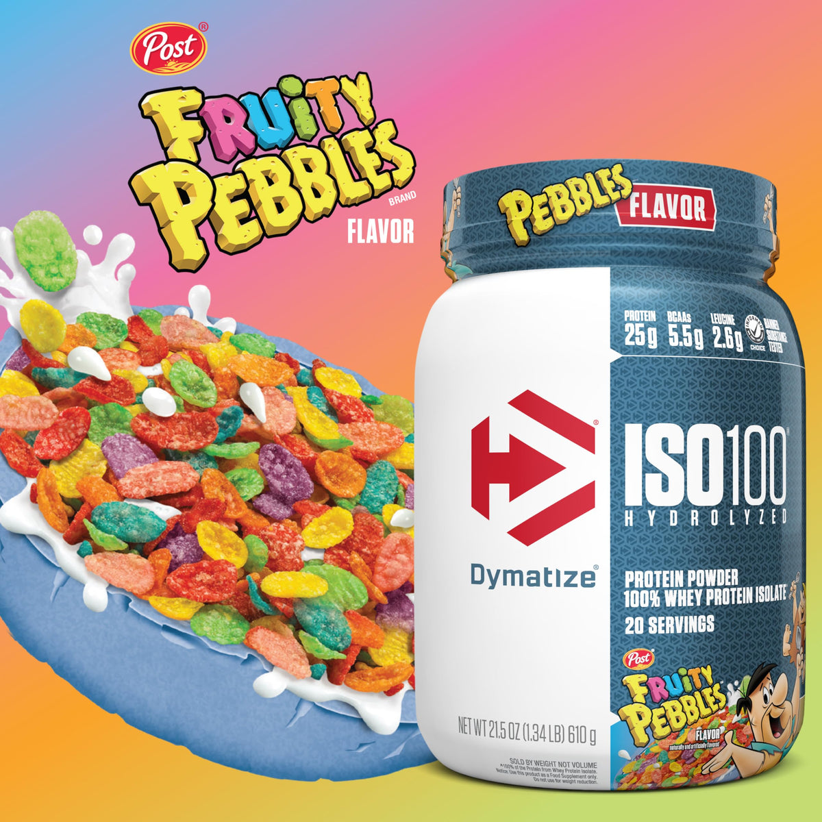 Close up of the nutritional facts on the back of the 610 grams Fruity Pebbles protein powder tub.