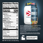 Dymatize x Fruity Pebbles protein powder packaging highlighting the 25 grams of protein and 5.5 grams of BCAAs per serving.