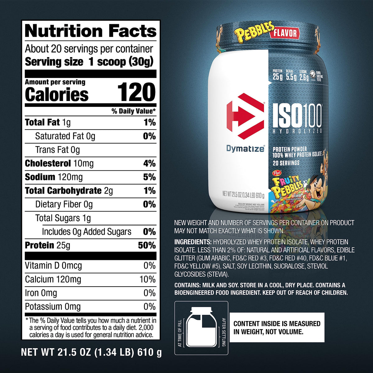 Dymatize x Fruity Pebbles protein powder packaging highlighting the 25 grams of protein and 5.5 grams of BCAAs per serving.