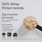 Sports Research whey protein isolate supplement facts panel displaying amino acids and macro breakdown.