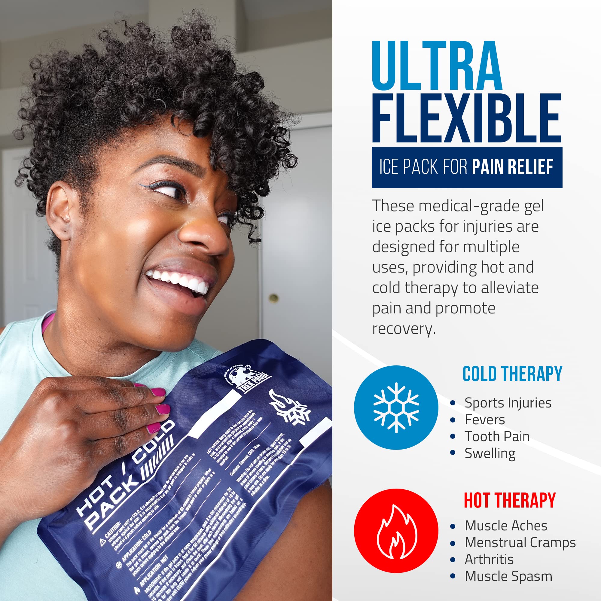 TrekProof gel ice pack applied to knee for pain relief