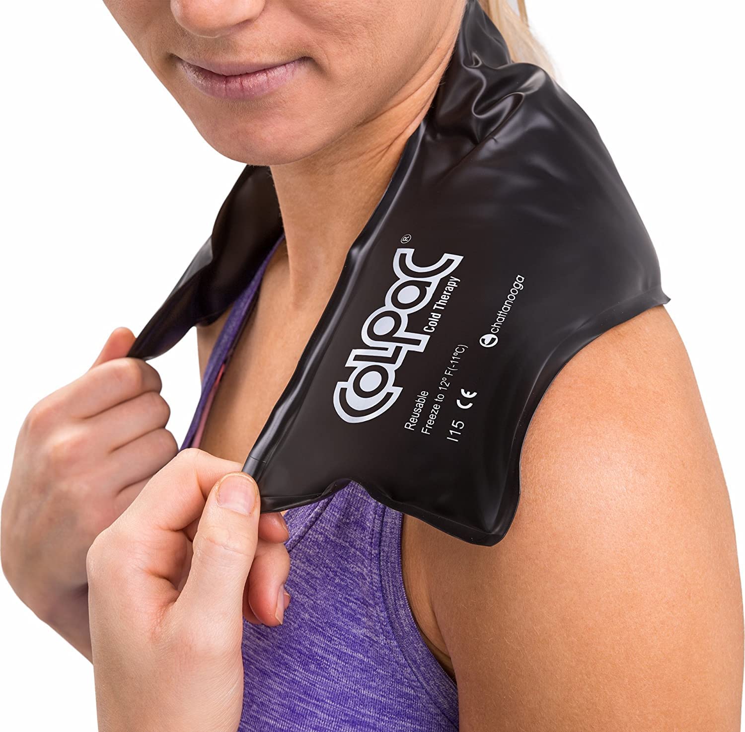 Side profile of Chattanooga cold therapy pack on shoulder