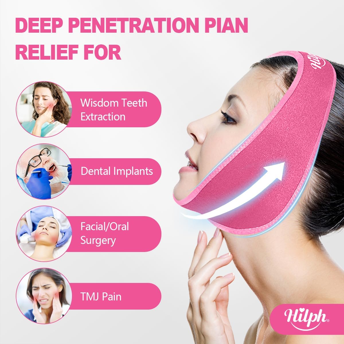 Newgo Hilph face ice pack being used for hands-free cold therapy on cheeks