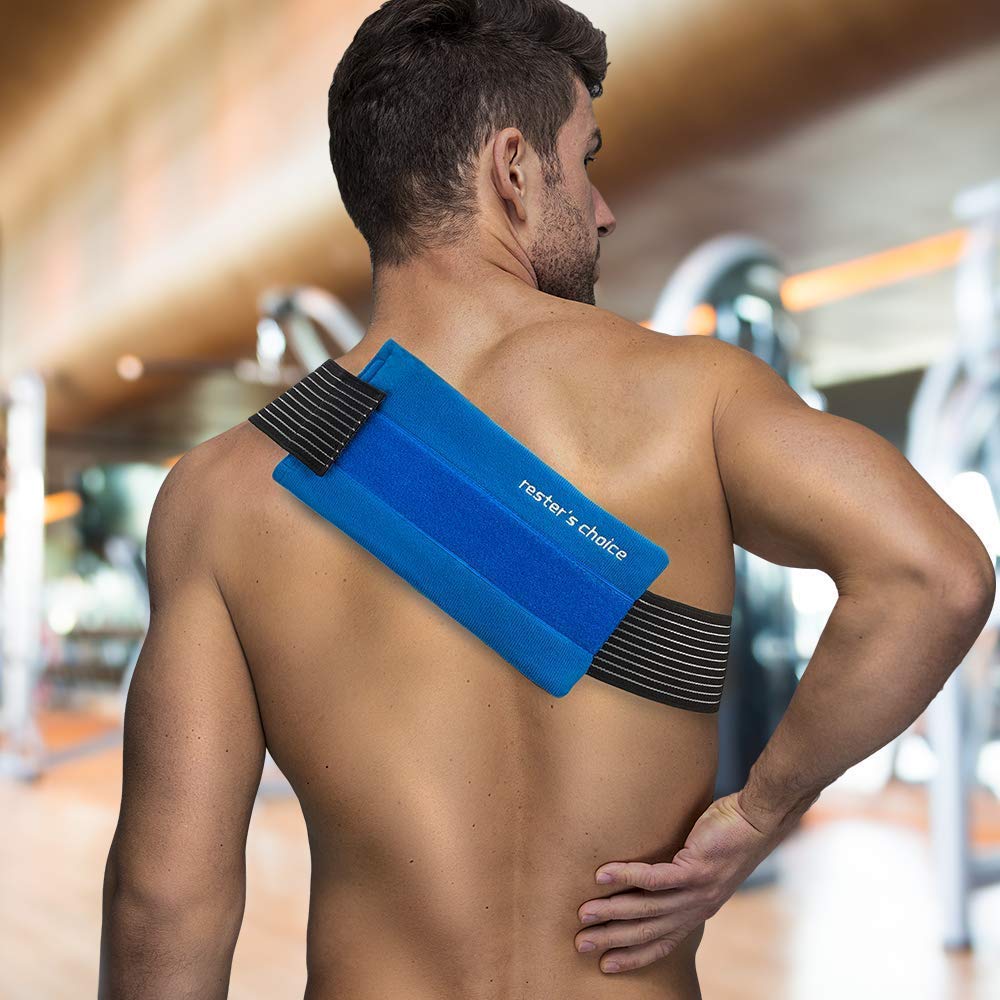 Rester's Choice hot and cold compress applied to a shoulder