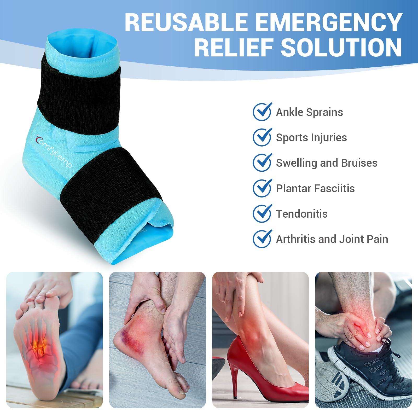 Plush and nylon sides of the Comfytemp reusable ankle ice pack
