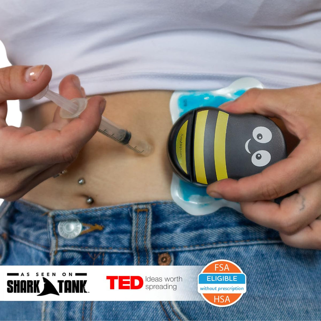 Close up of Buzzy device showing striped design and vibration button