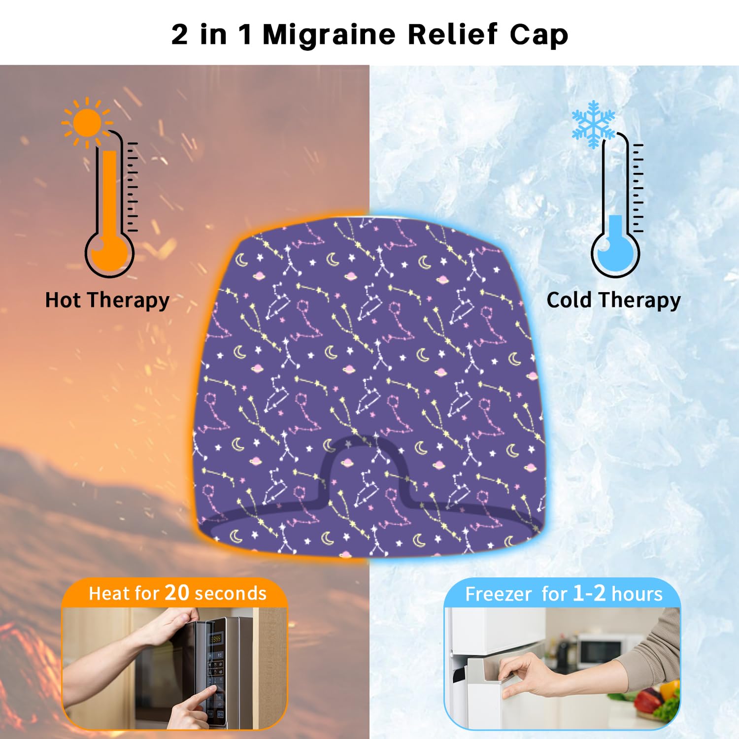 Reusable hot and cold therapy migraine cap on a model