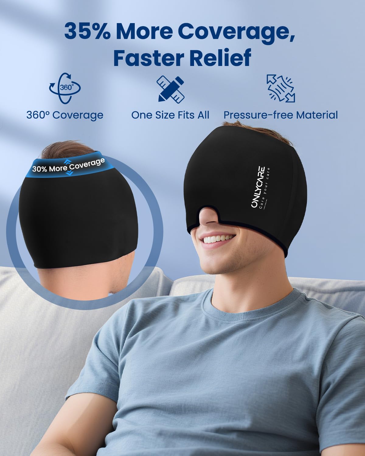 Onlycare Migraine Relief Cap being used for cold therapy