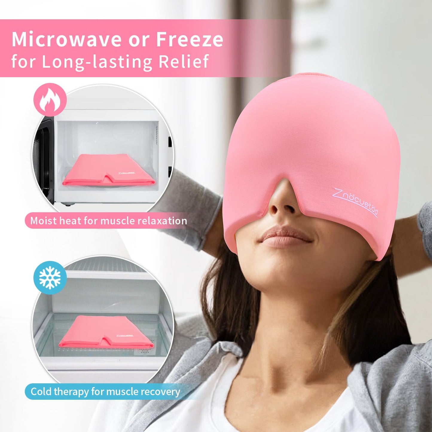 Demonstration of cold therapy usage for migraine cap