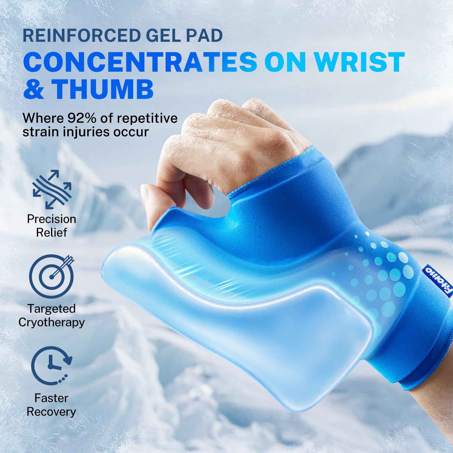Fitomo wrist ice pack wrap showing ergonomic thumb opening design