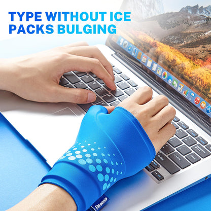 Fitomo gel ice pack wrap applied to hand for carpal tunnel relief
