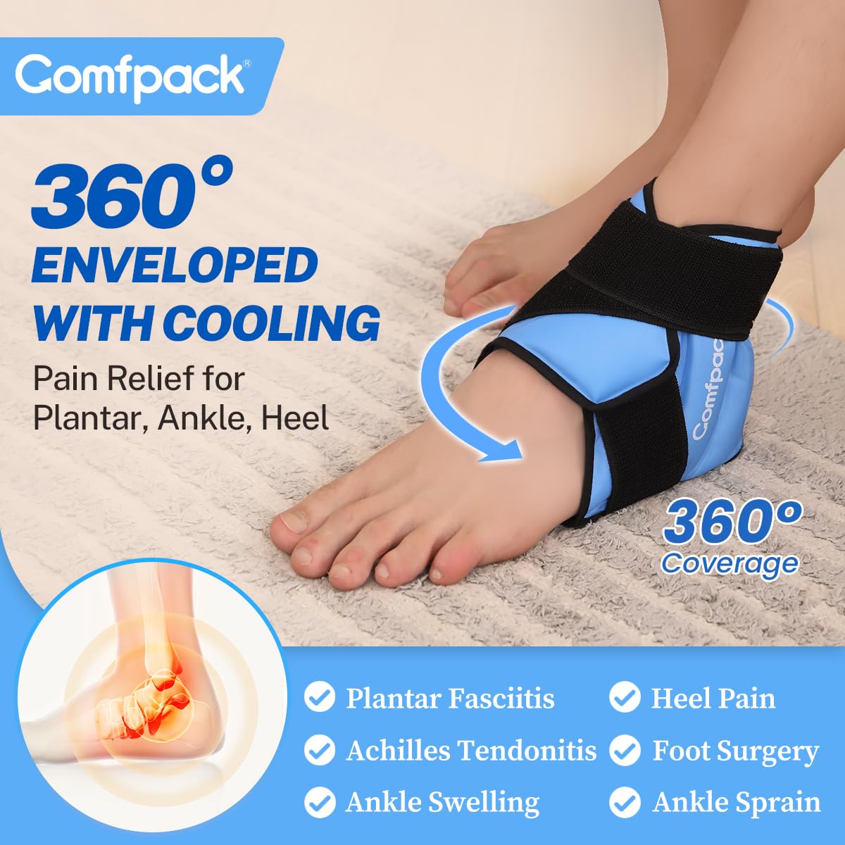 Comfpack gel ice pack wrap showing adjustable velcro strap