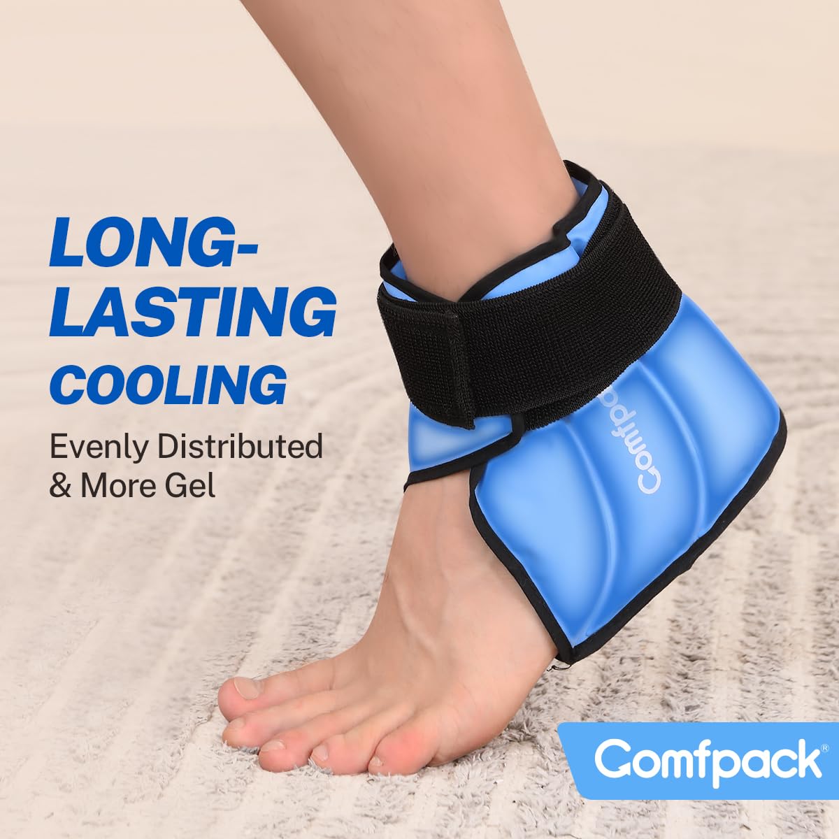 Side view of Comfpack ankle ice pack demonstrating ergonomic fit