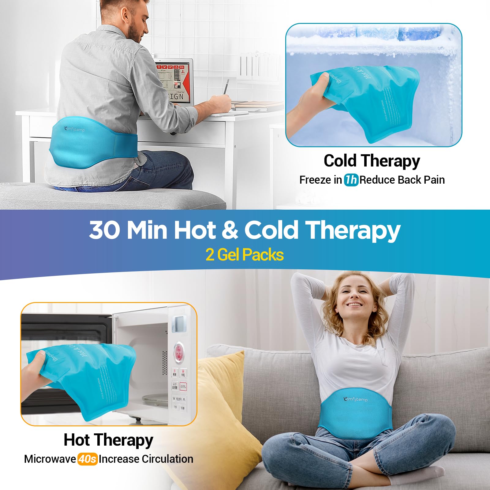 Back pain relief gel pack application on waist