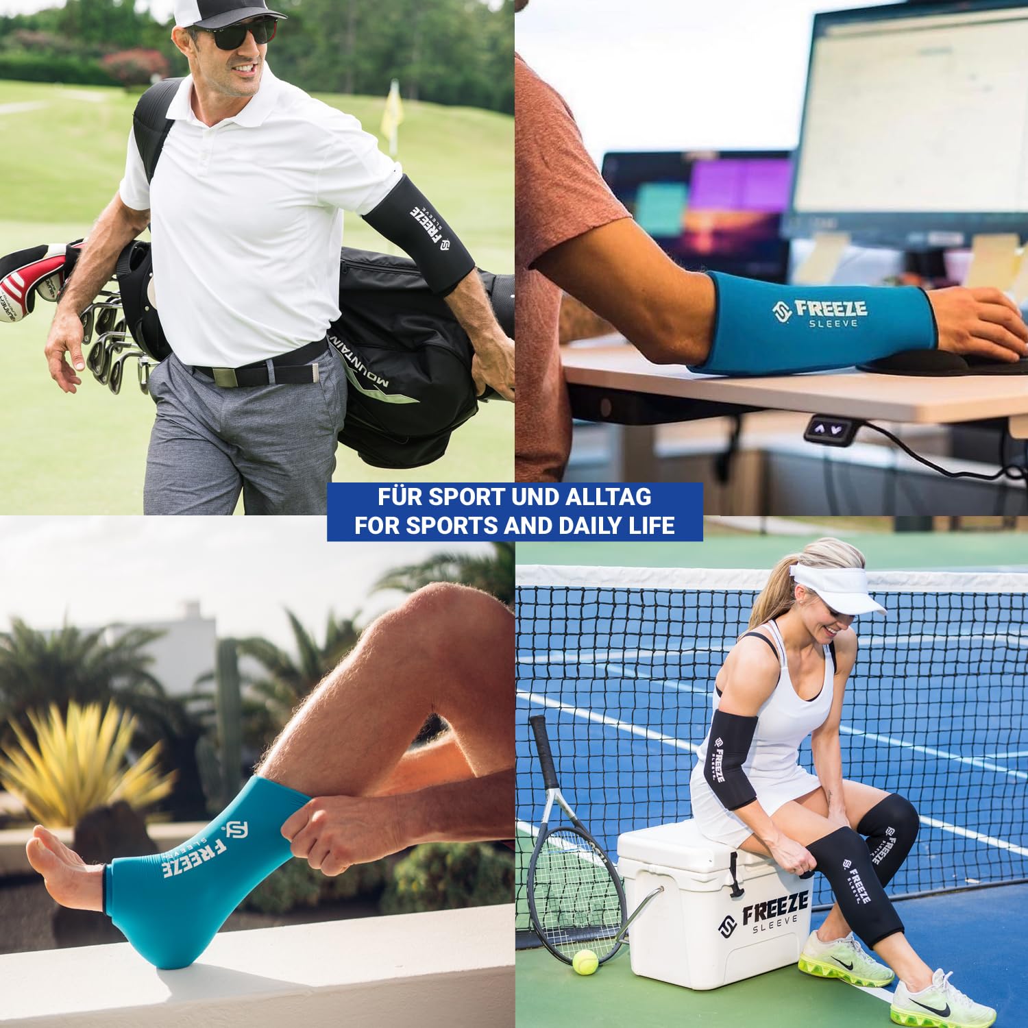 FreezeSleeve reusable cold pack applied to a knee for recovery