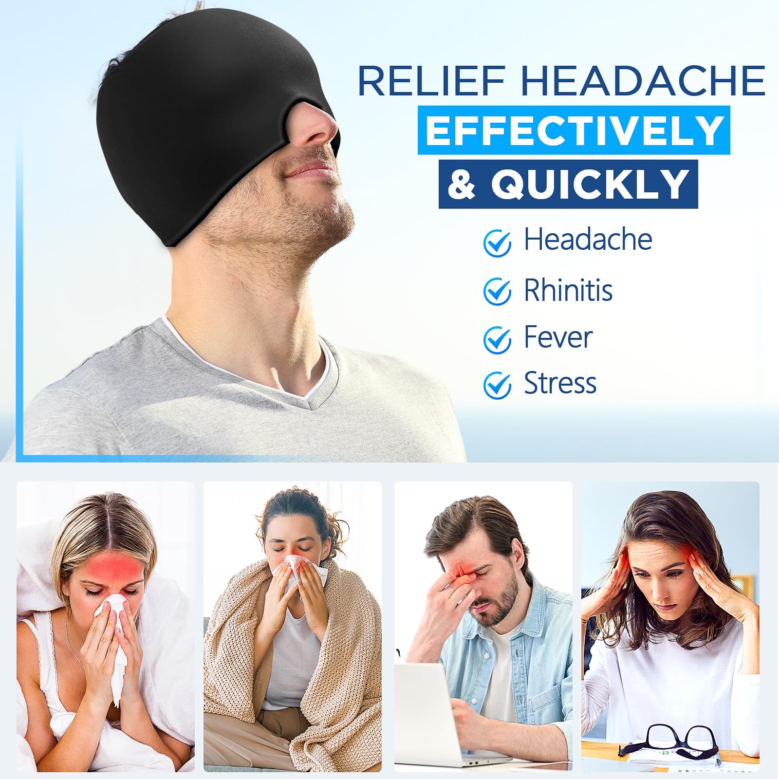 Side profile of Hesee Migraine Relief Cap demonstrating flexible fit