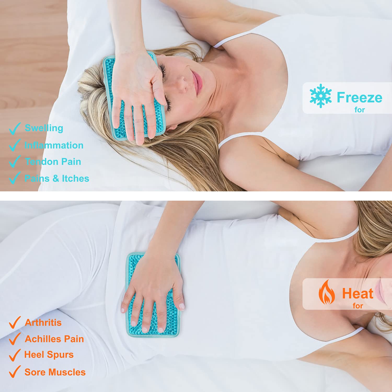 Reusable hot and cold compress secured on a knee