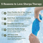 Sherpa Therapy gel ice pack applied to a knee for injury relief