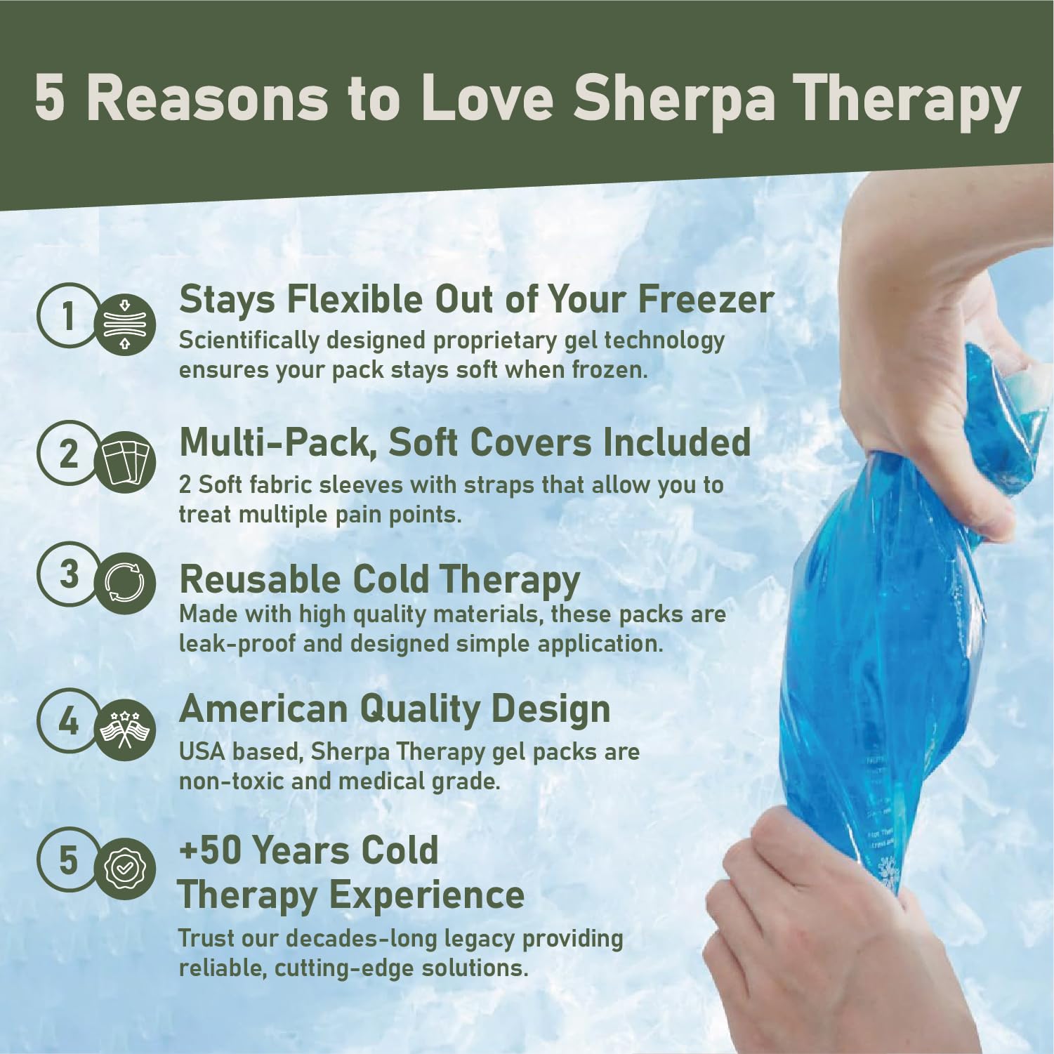 Sherpa Therapy gel ice pack applied to a knee for injury relief