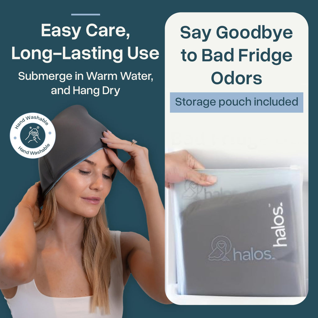Rear view of the stretchable MyHalos migraine ice wrap
