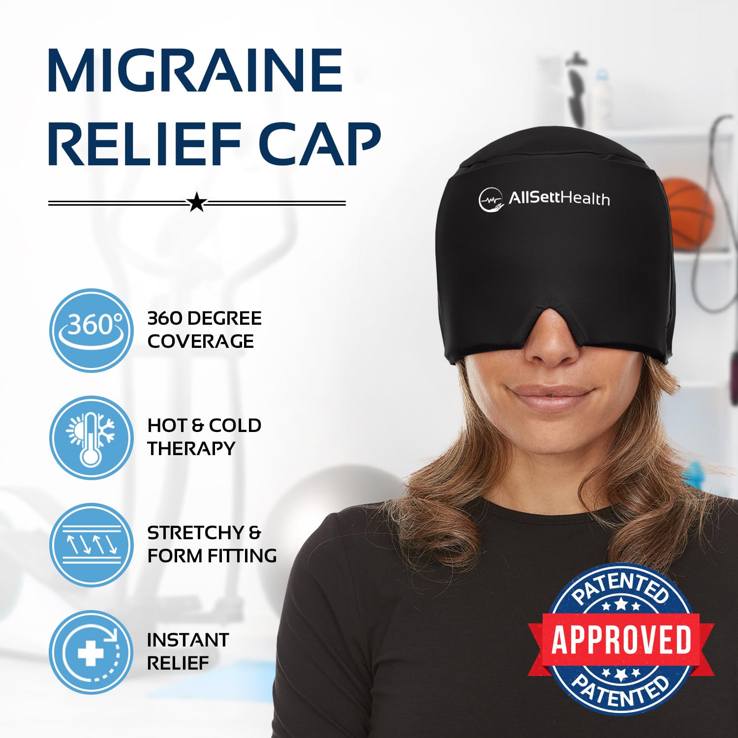 Allsett Health migraine hat showing 360 degree gel coverage