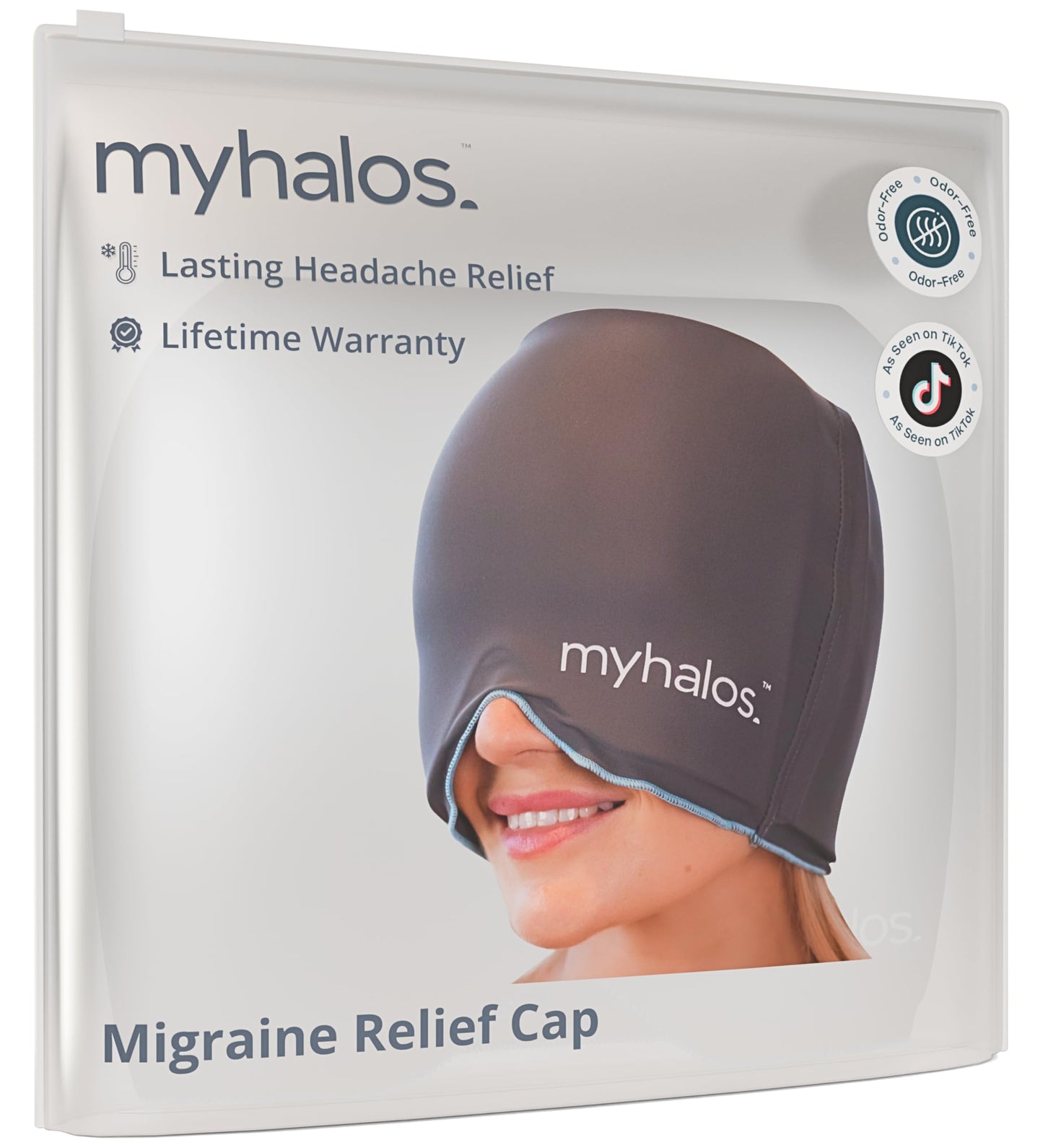 Lifestyle shot of MyHalos migraine cap in gray color